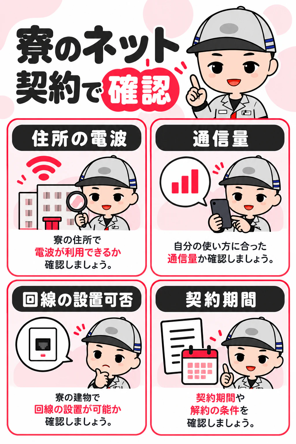 期間工ナビのオリジナルキャラクターが寮のネット契約で確認する4項目を説明する図解