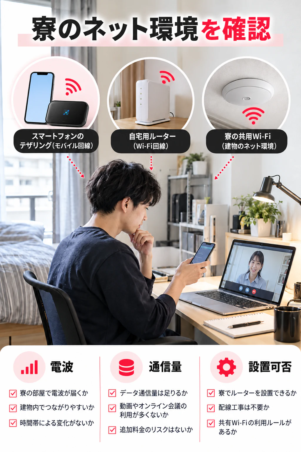 期間工寮のネット環境の選択肢を写真に近い生成画像で示す図解