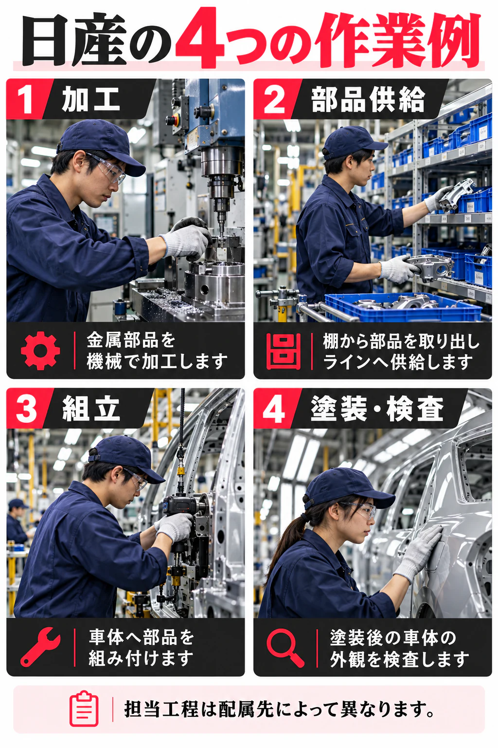 日産期間工の加工・部品供給・組立・塗装後の検査を示す写真に近い参考図