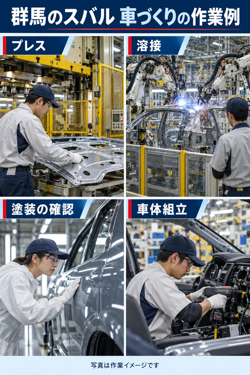 スバル群馬の作業場面例を写真に近い生成画像で示す図解