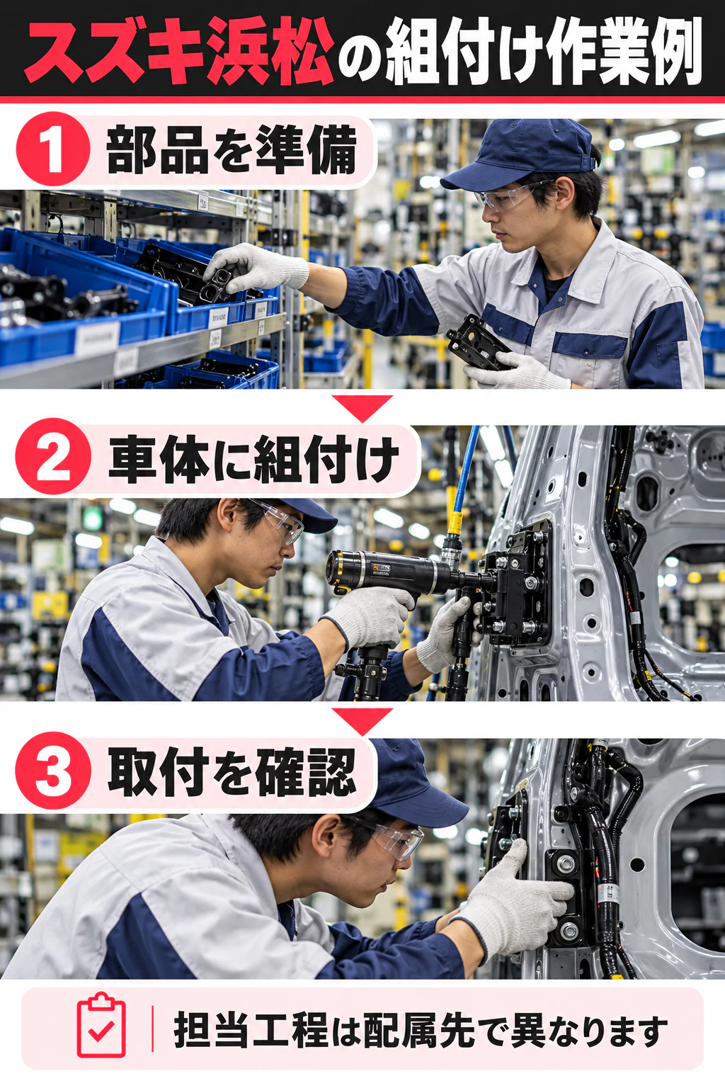 スズキ浜松工場の車体への部品組付けを示す写真に近い生成参考図