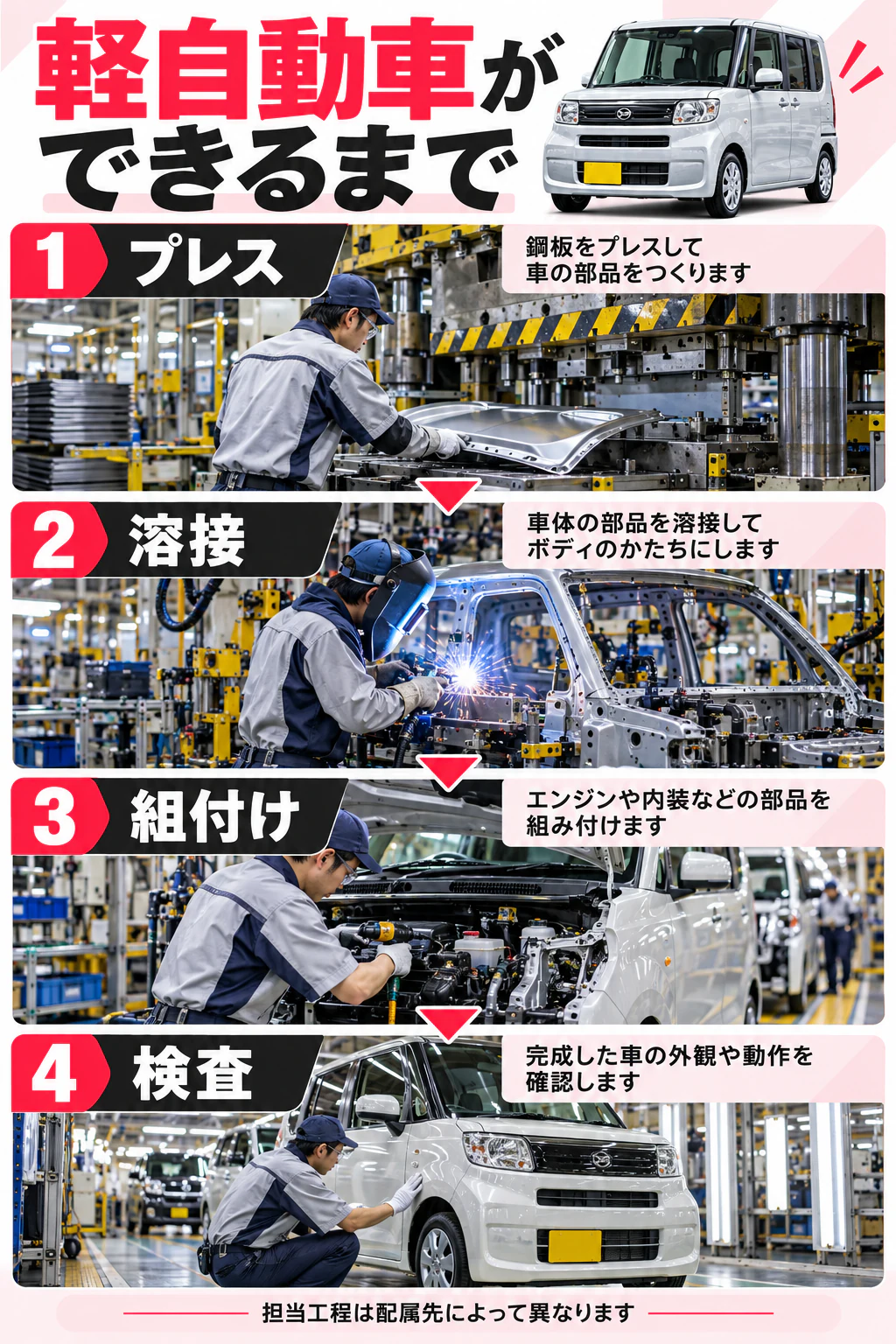 ダイハツ九州の軽自動車のプレス・溶接・組付け・検査を示す写真に近い図解