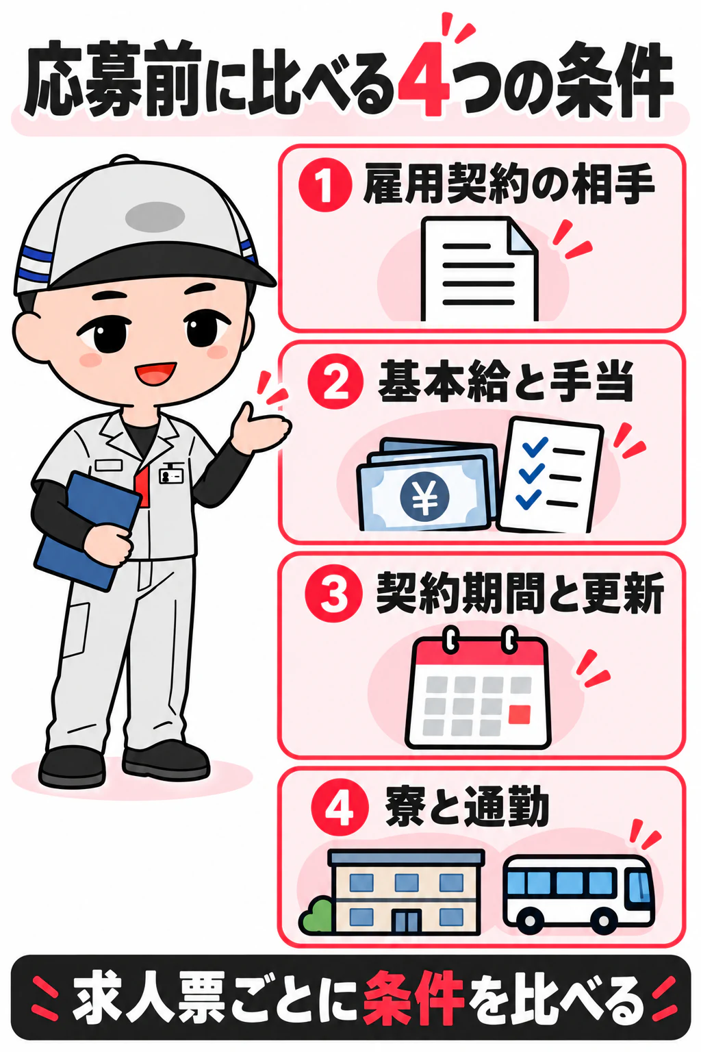 期間工ナビのオリジナルキャラクターが期間工と派遣の向いている人を説明する図解