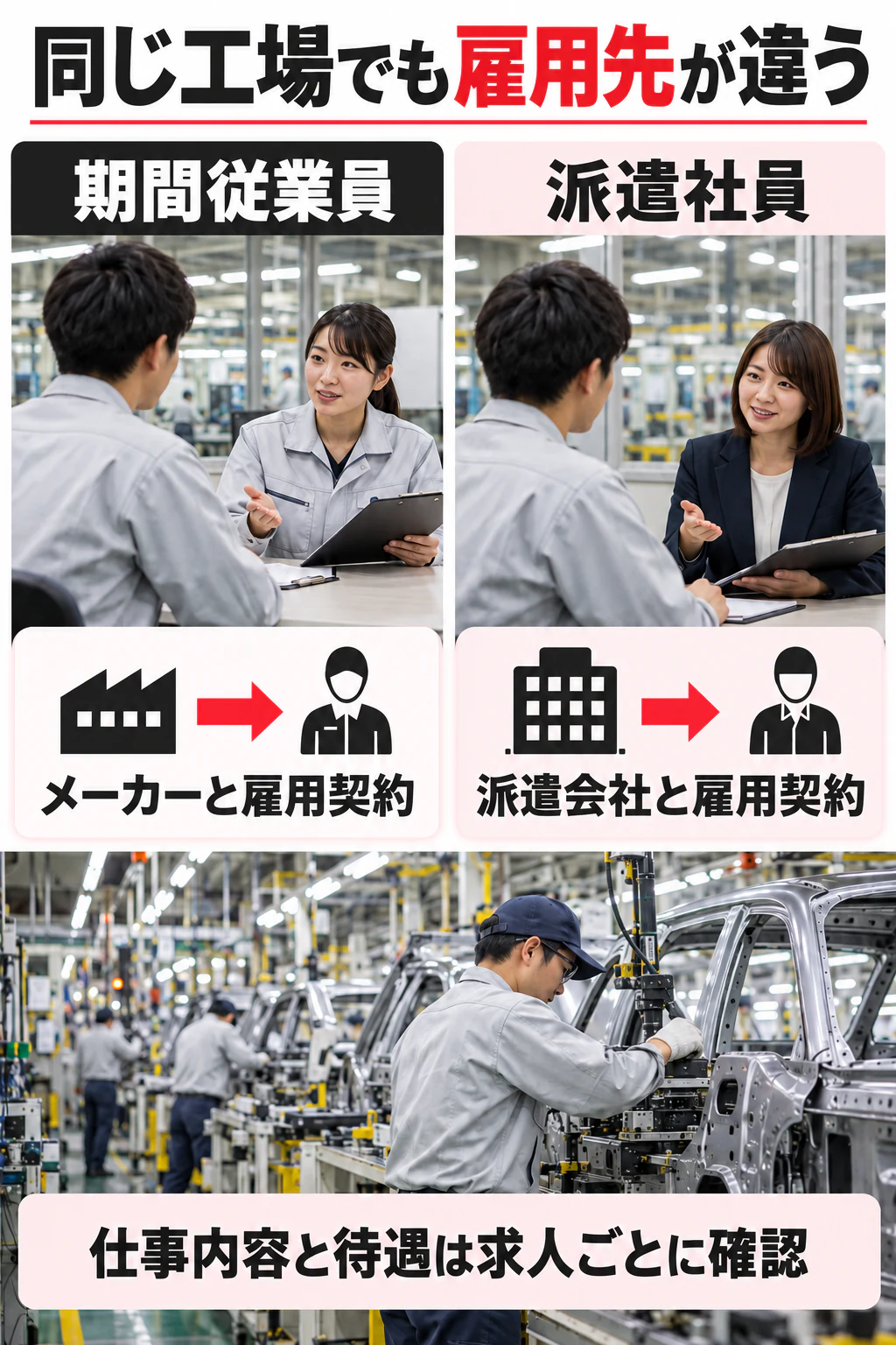期間工と派遣の雇用関係の違いを写真に近い生成画像で示す図解