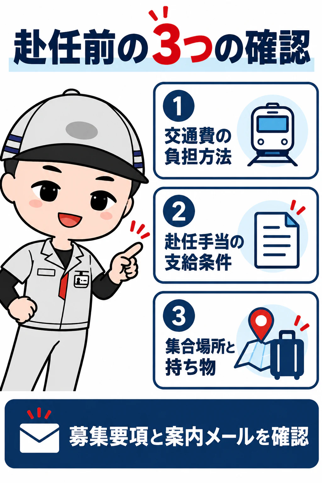 期間工ナビのオリジナルキャラクターが赴任前の持ち物と費用の確認を説明する図解