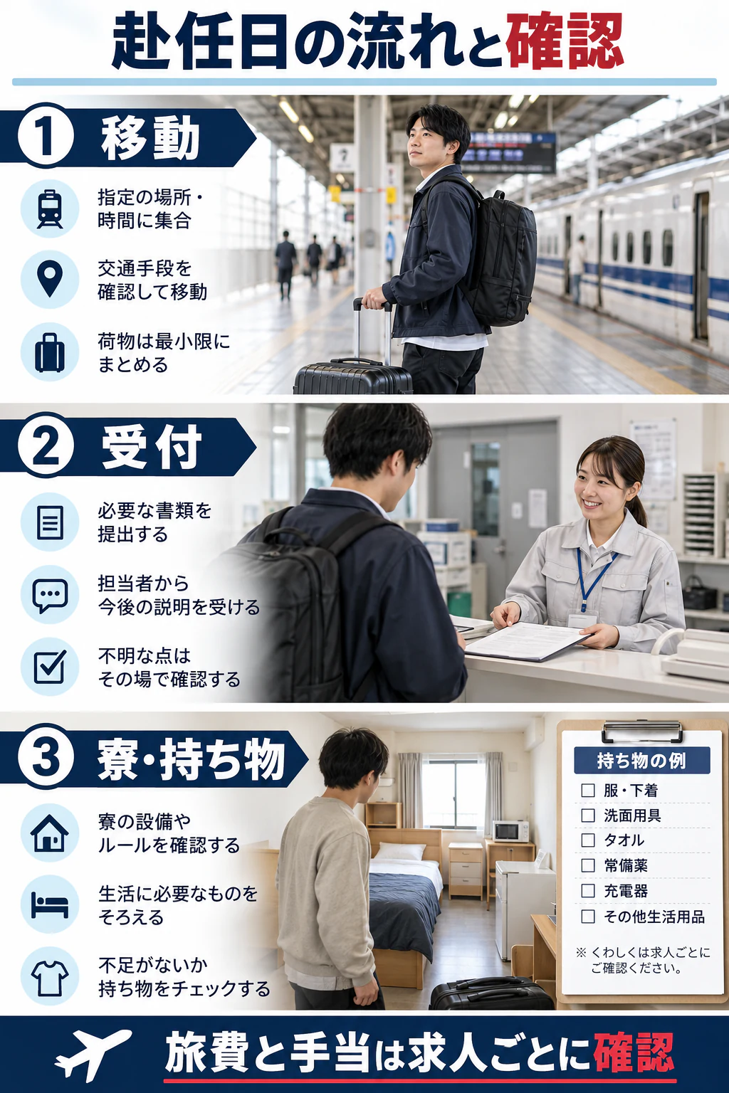 期間工の赴任日の流れを写真に近い生成画像で示す図解