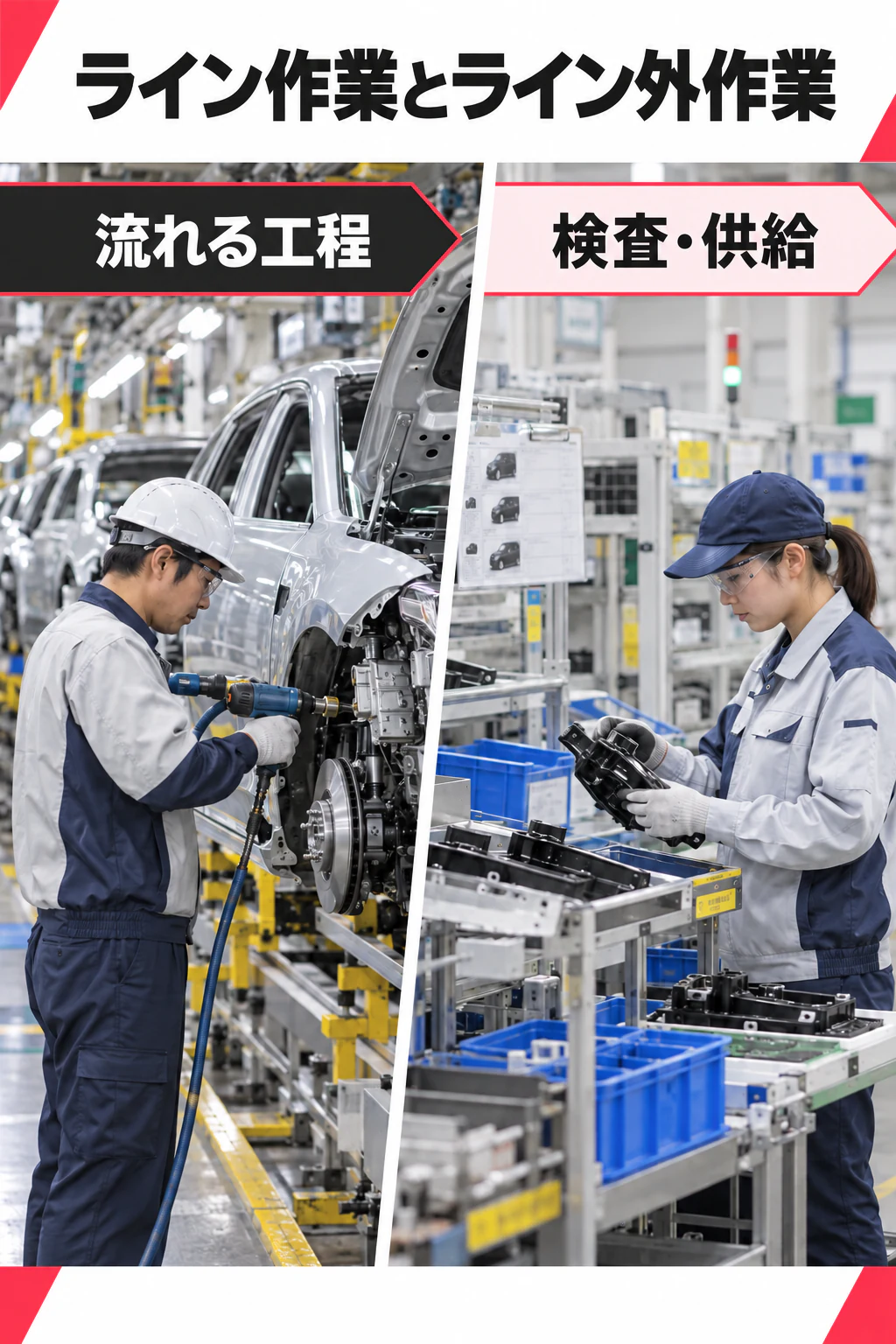 ライン作業とライン外作業の比較を写真に近い生成画像で示す図解