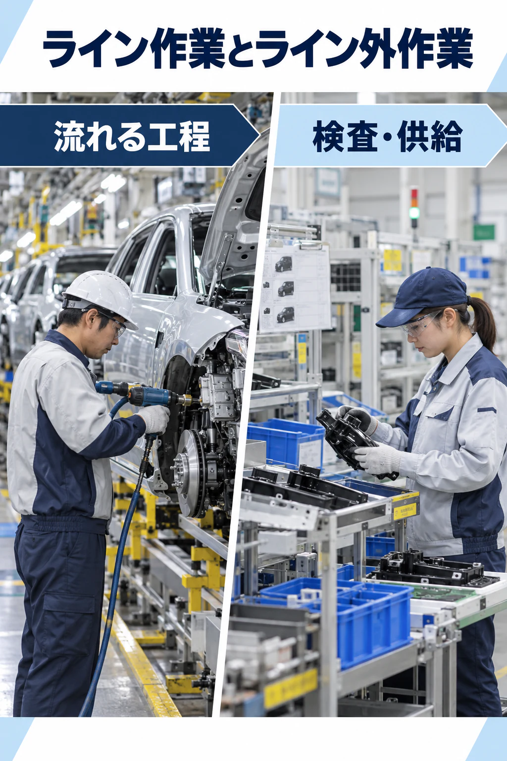 ライン作業とライン外作業の比較を写真に近い生成画像で示す図解