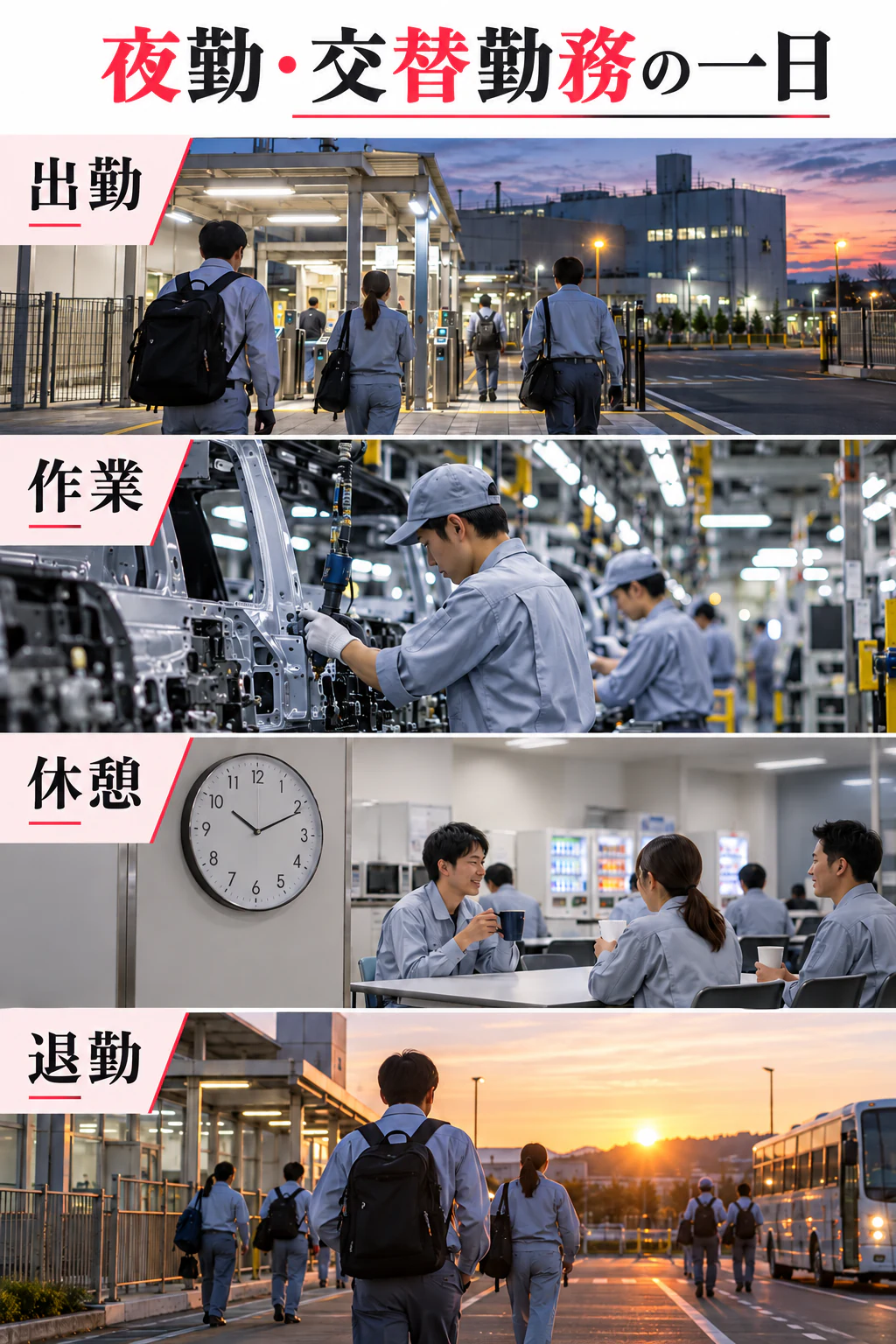 夜勤・交替勤務の一日の参考場面を写真に近い生成画像で示す図解