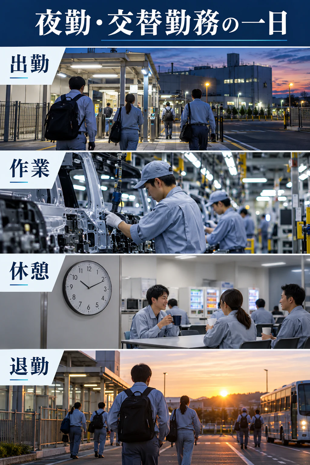 夜勤・交替勤務の一日の参考場面を写真に近い生成画像で示す図解