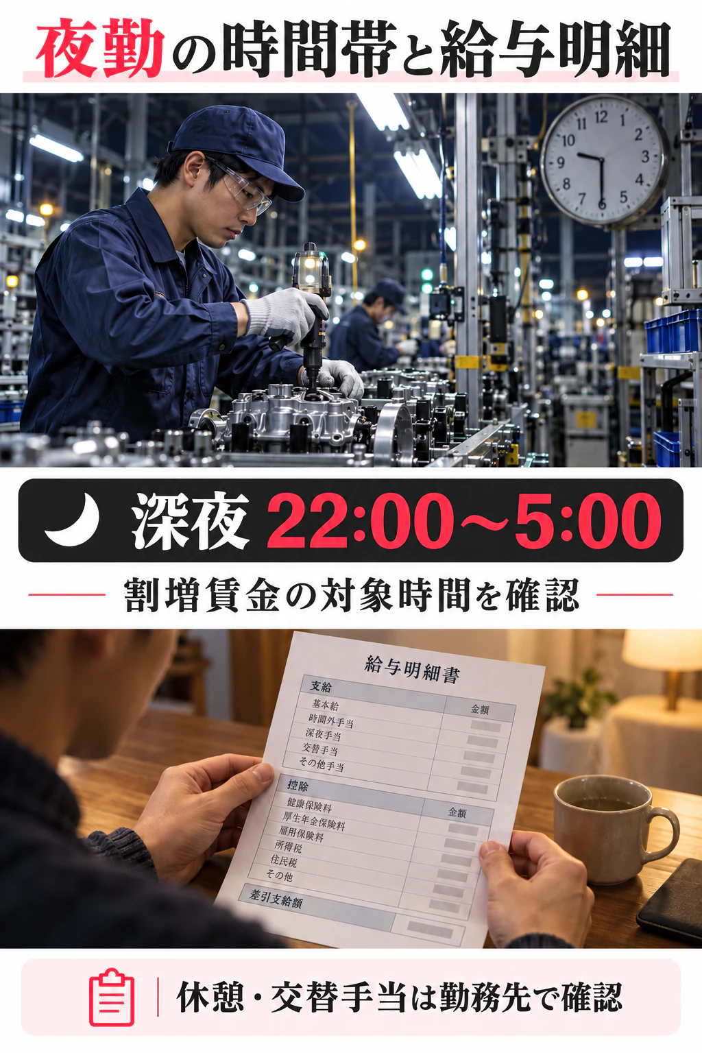 夜勤作業と深夜割増の考え方を写真に近い生成画像で示す図解