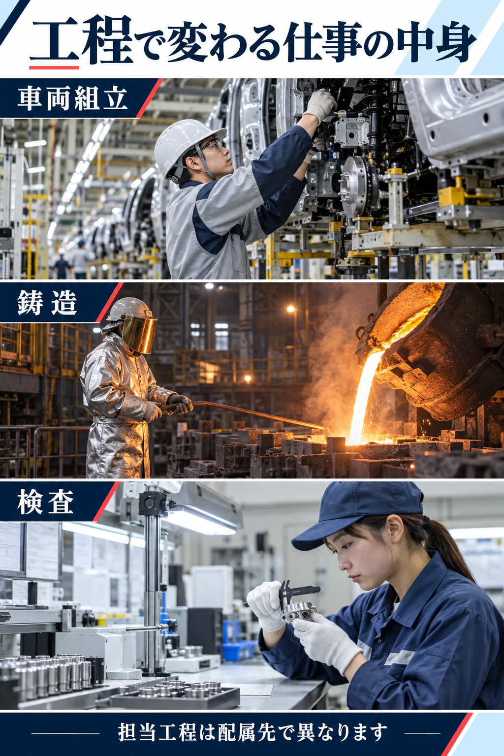 車両組立、鋳造、検査で異なる仕事場面を写真に近い生成画像で示す図解