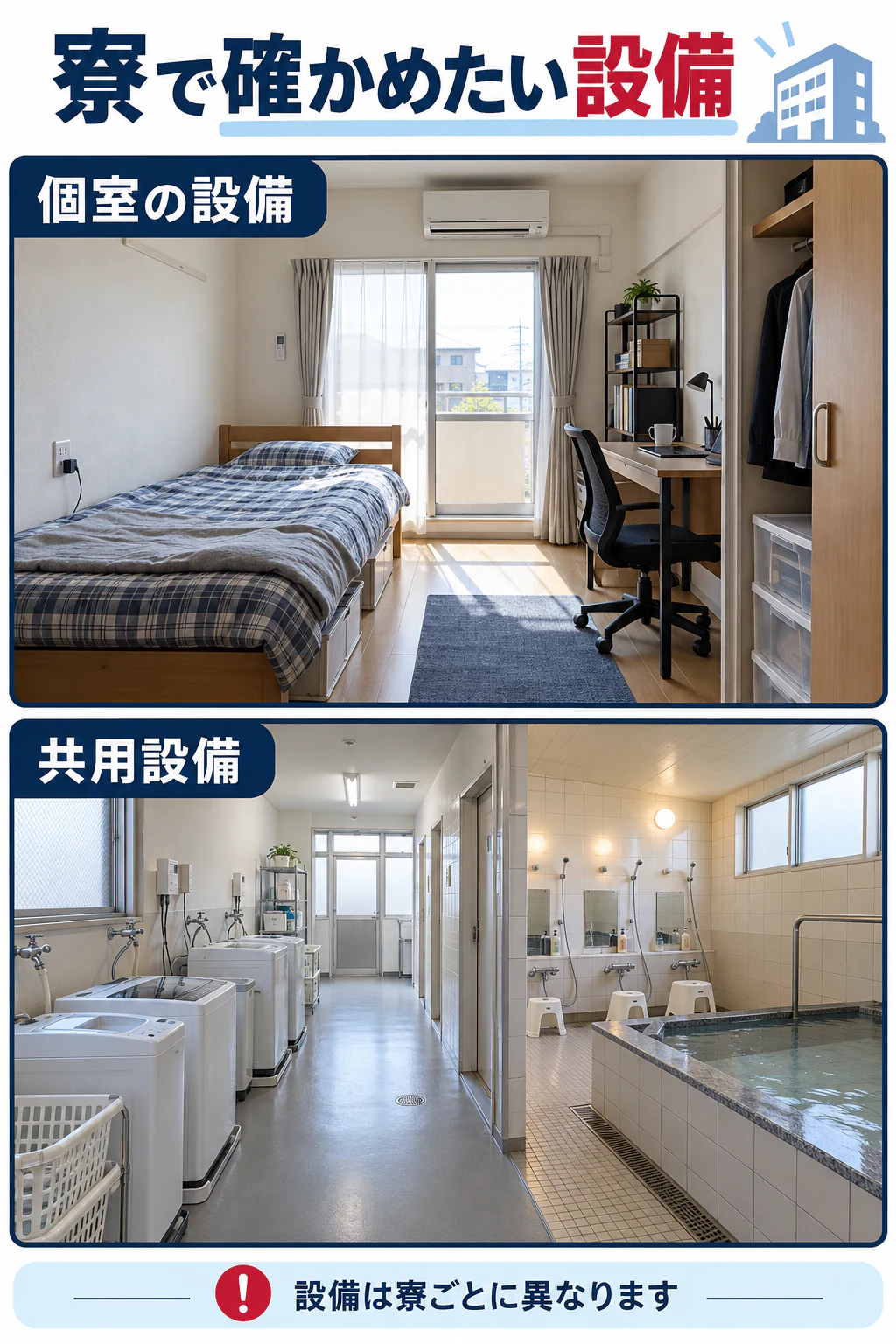 寮の個室と洗濯場、浴場を写真に近い参考場面で示す図解