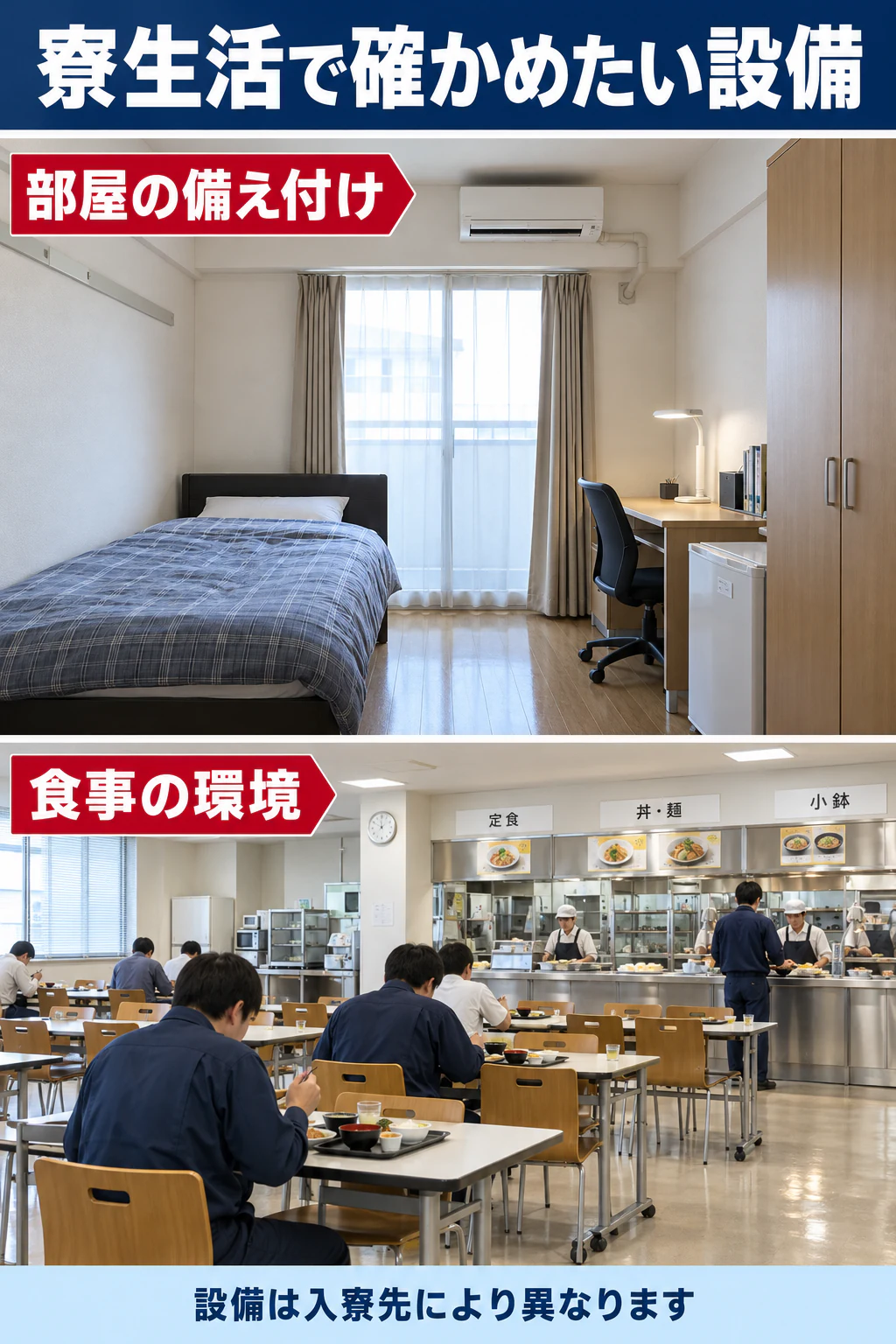 寮の部屋の備え付けと食堂の環境を写真に近い参考場面で示す図解