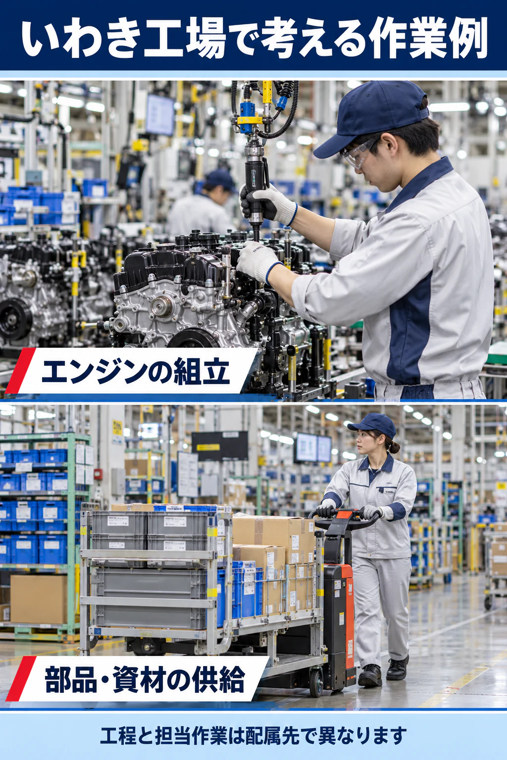 エンジン組立と部品・資材の供給を写真に近い参考場面で示す図解