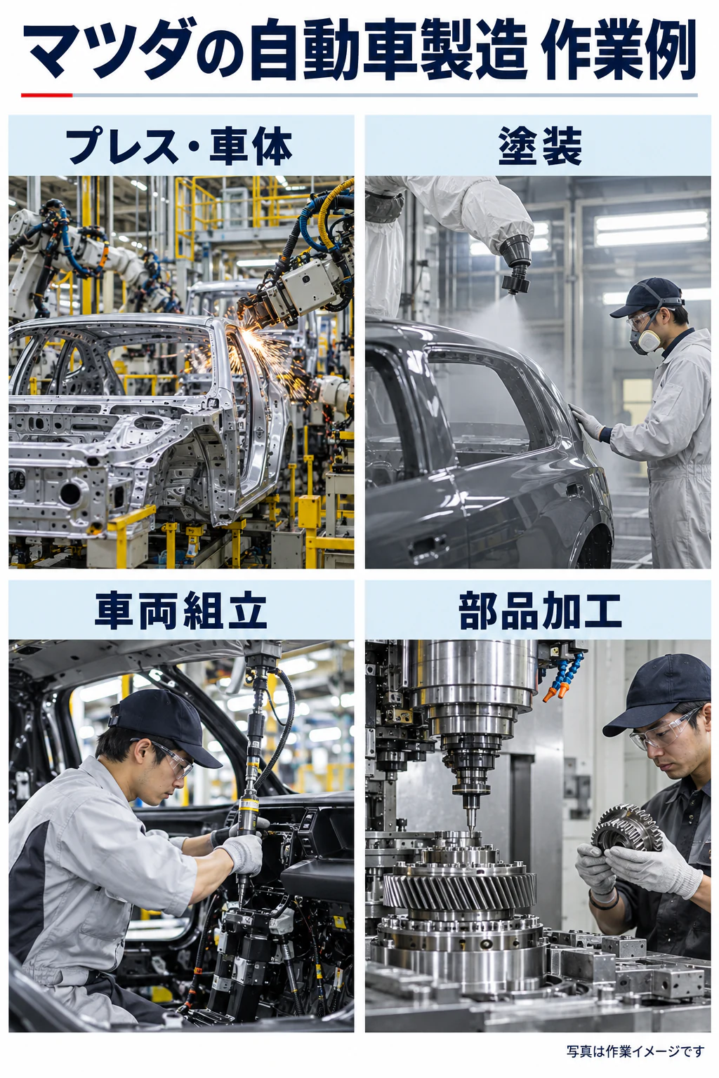 マツダのプレス・車体、塗装、車両組立、部品加工を写真に近い参考場面で示した図解