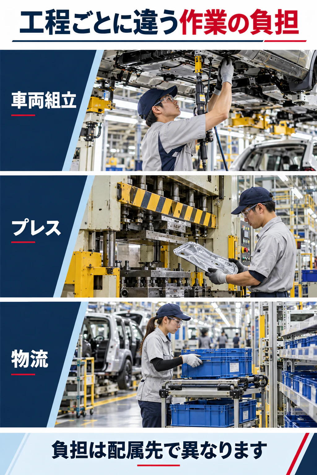 車両組立、プレス、物流の作業を写真に近い生成画像で示す図解