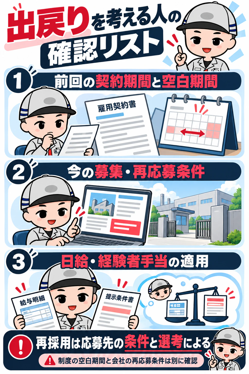 サイトのオリジナルキャラクターが出戻り前に前回の契約期間と空白期間、現在の募集と再応募条件、日給と経験者手当の適用を確認する図解
