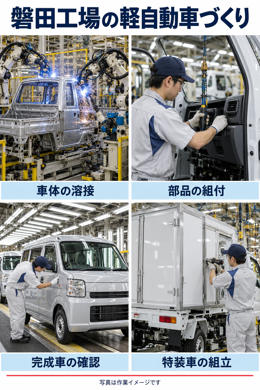 磐田工場の車体溶接、部品組付、完成車確認、特装車組立を写真に近い参考場面で示す図解