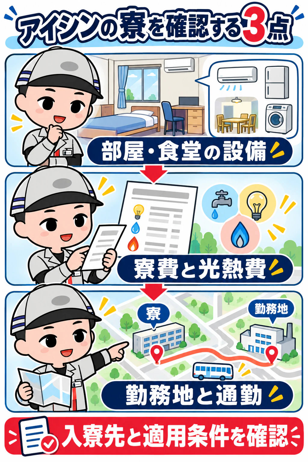 サイトのキャラクターが部屋と食堂の設備、寮費と光熱費、勤務地と通勤を示す図解