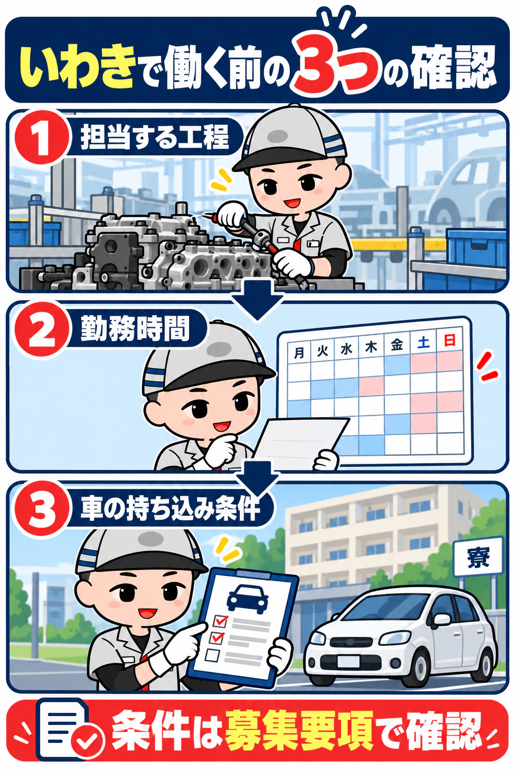 サイトのキャラクターが担当工程、勤務時間、車の持ち込み条件を確認する図解