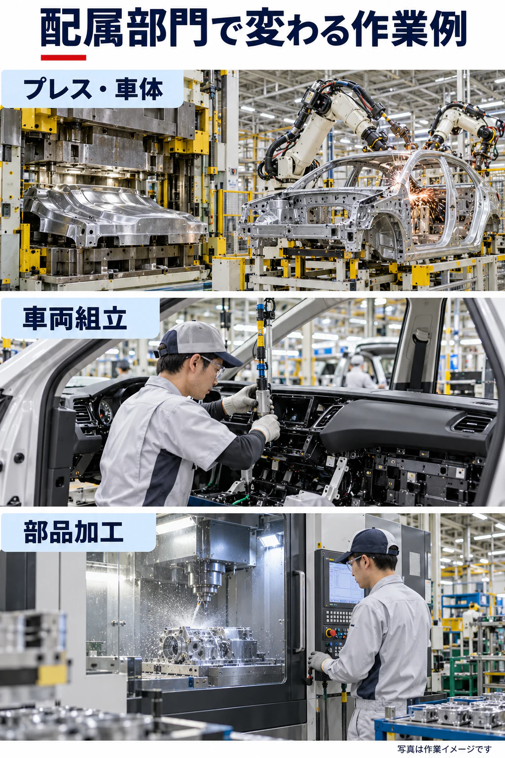 プレス・車体、車両組立、部品加工を写真に近い参考場面で示す図解