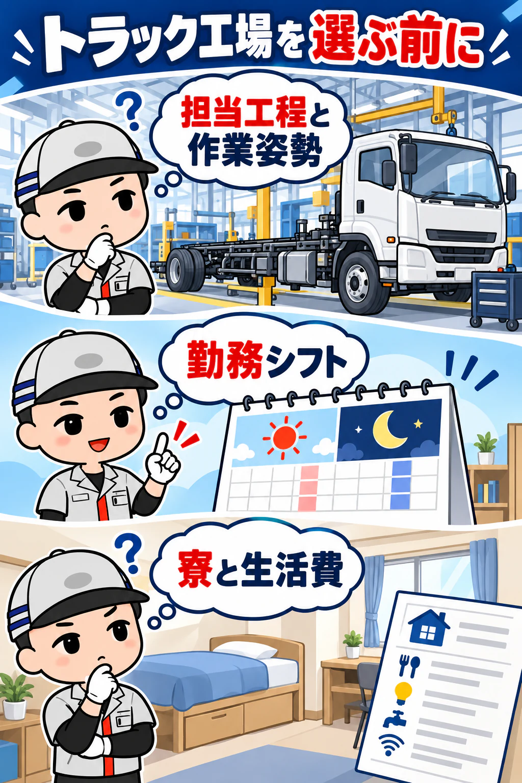 オリジナルキャラクターが担当工程と作業姿勢、勤務シフト、寮と生活費を確認する図解