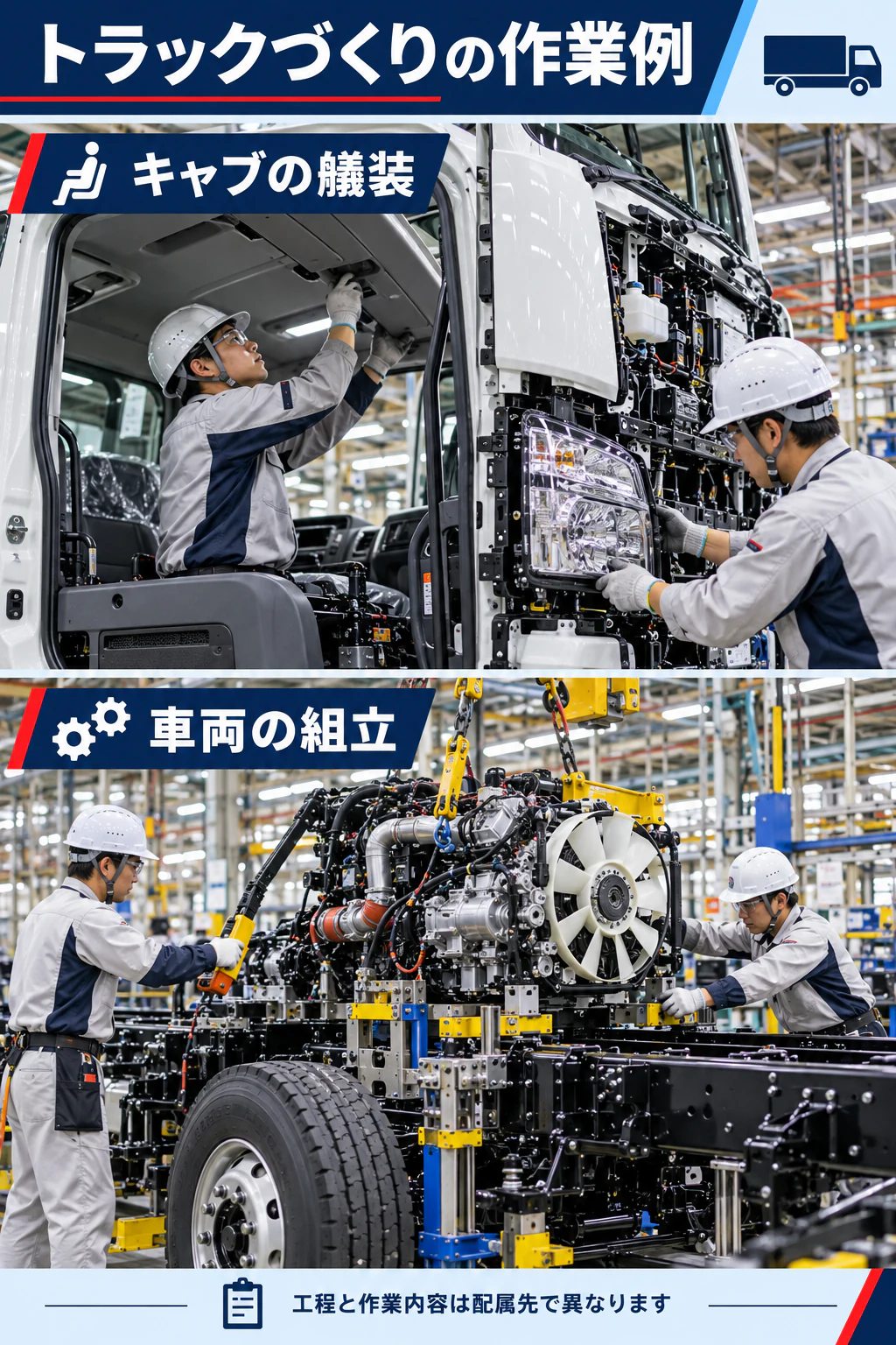 トラックのキャブ艤装と車両組立を写真に近い参考場面で示す図解