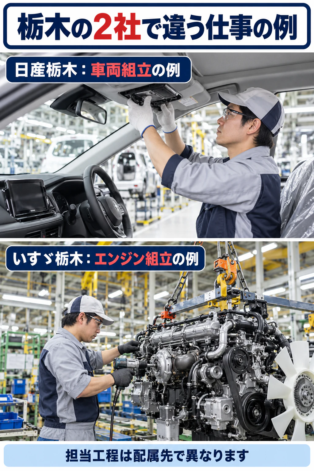 日産栃木の車両組立といすゞ栃木のエンジン組立を写真に近い参考場面で比較する図解