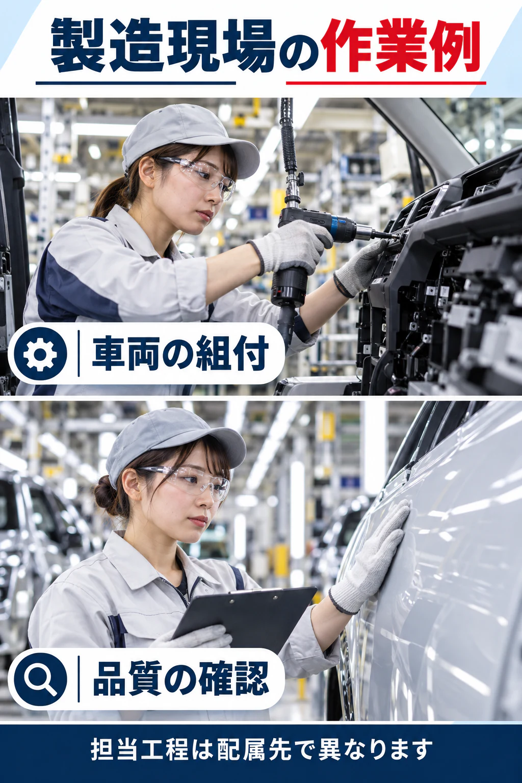 女性作業者による車両の組付と品質確認を写真に近い参考場面で示す図解